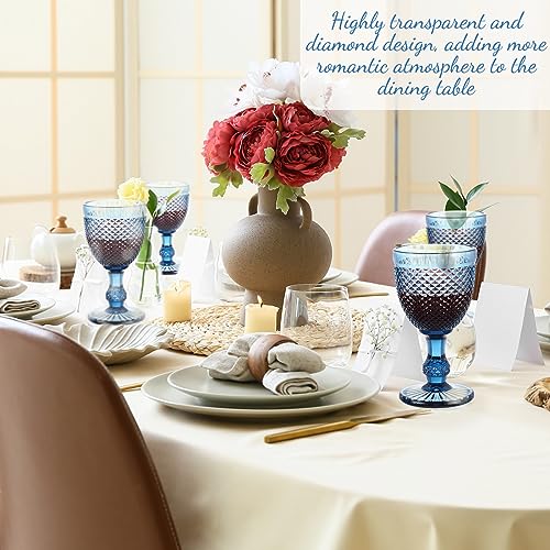 12-Piece Vintage Blue Glass Goblet Set, 10 oz Embossed Diamond Wine Glasses