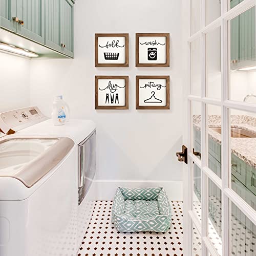 Rustic Farmhouse Laundry Room Wall Decor, Set of 4 Wooden Signs 8x8 Inch
