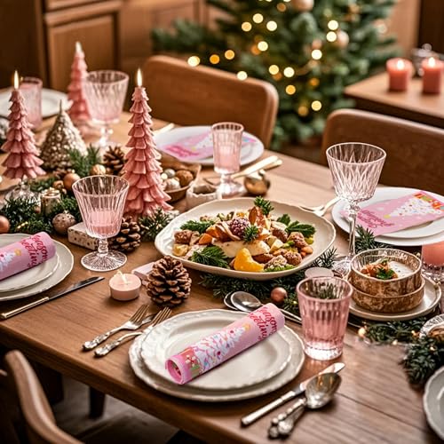 Wrapaholic 50Pcs Pink Christmas Tree Gift Hand Towels – 3-Ply Paper Napkins, 4.3 x 7.9 in, Xmas Holiday