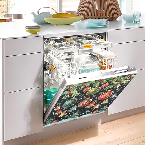 Christmas Bells Black Dishwasher Sticker Magnetic Cover – Winter Snowflake Poinsettia Berry, 23 x 26 in, Reusable Wamika