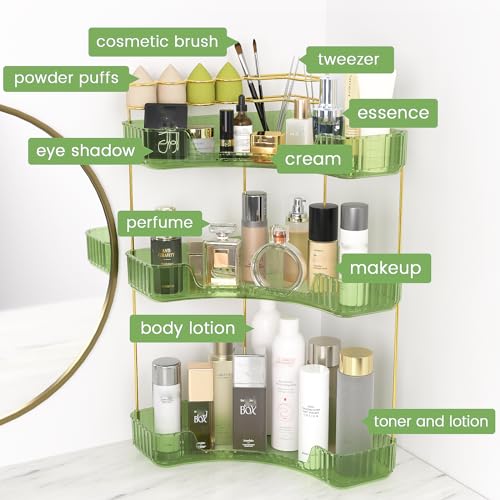 Green 3-Tier Corner Makeup Organizer with Brush Holder - Bathroom Storage