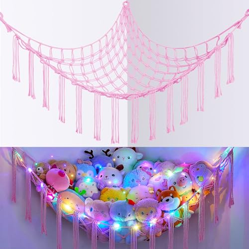 Stuffed Animal Hammock with LED Lights, Large Corner Toy Storage Net
