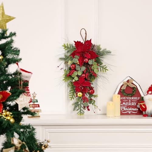 2 Pcs Christmas Teardrop Swag with Poinsettia, 26in - Large Red Poinsettia