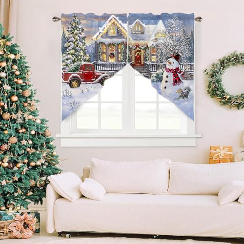 Deblaker Snowscape Christmas Burlap Swag Curtains for Windows, Red Truck & Snowman, 56"Wx36"L, Pack of 2