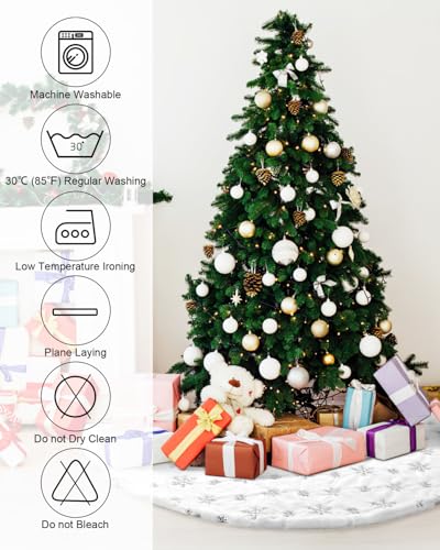 48-Inch White Faux Fur Christmas Tree Skirt with Silver Sequin Snowflakes