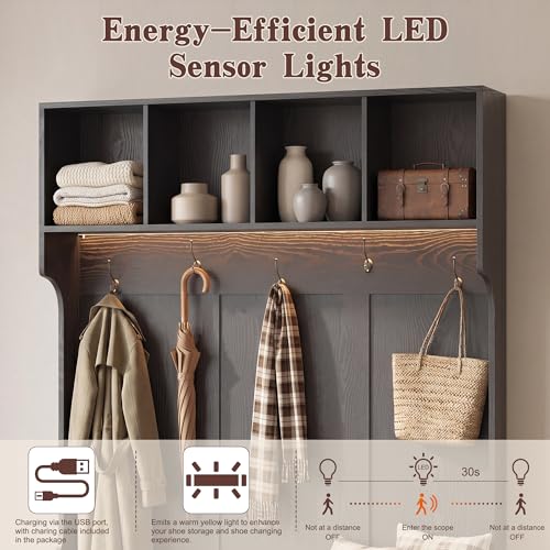 5-in-1 Hall Tree with Shoe Bench, LED Motion Sensor Light, and Storage