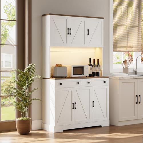 71-Inch Kitchen Pantry Cabinet with LED Lighting, Outlets, and USB Ports