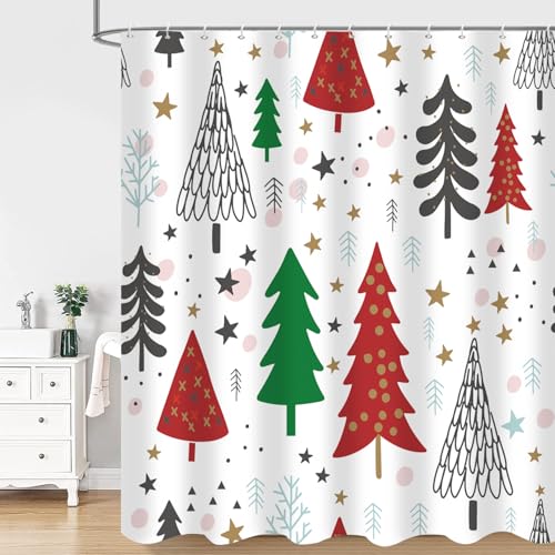 Cnayuep Red-White Christmas Shower Curtain Set 72x72 inches Waterproof Holiday Bathroom Decor