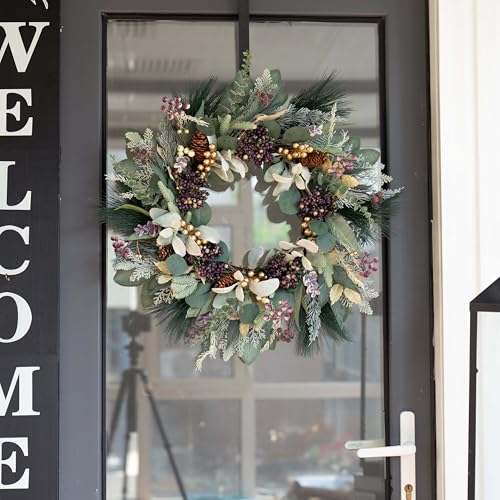 Artificial Winter Wreath for Front Door 22-Inch Rustic Evergreen Decor