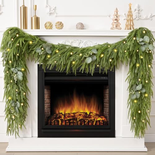 Waipfaru 9ft 2pcs Christmas Norfolk Pine Garland with Lights - Realistic Artificial Faux Cedar