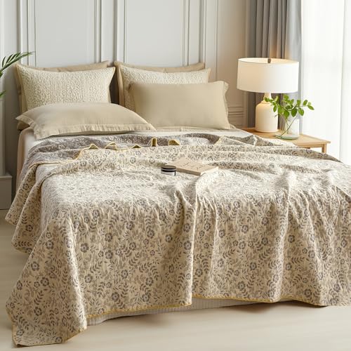 Lightweight Cotton Muslin Blanket - Floral 4-Layer Bed Quilt