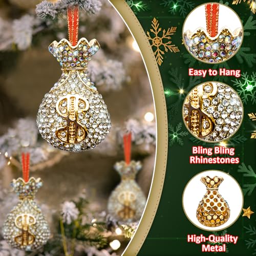 HEINSHEN Mini Money Bag Christmas Ornament with Rhinestones, Metal Holiday Decor