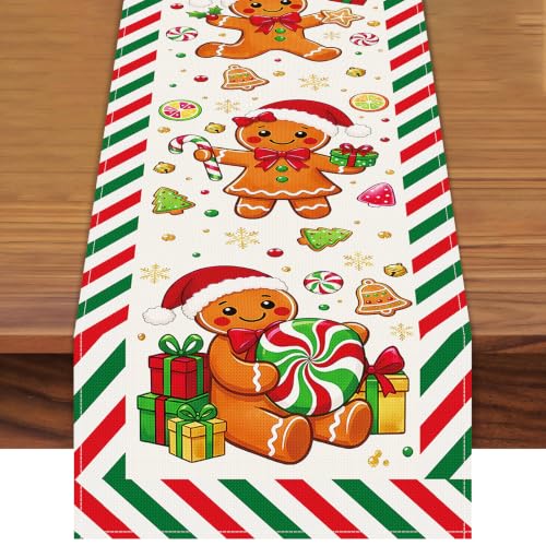 Gingerbread Christmas Table Runner 72x13 Inch Holiday Linen Decor with Candy Canes & Trees – Pedenty