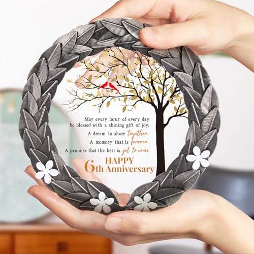 6th Wedding Anniversary Crystal Plaque with Iron Wreath Keepsake Gift