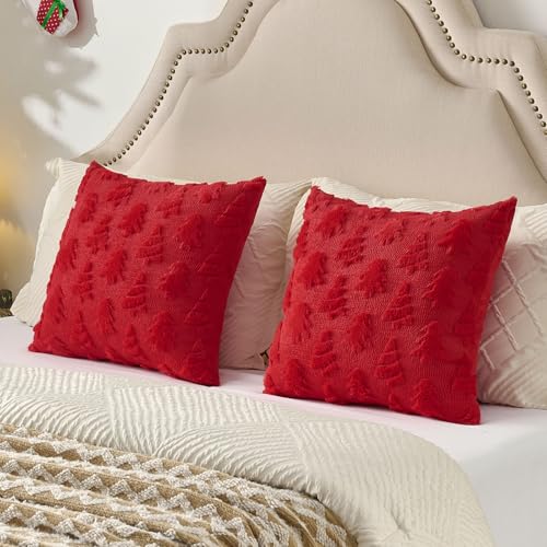 HAUSSY Christmas Throw Pillow Covers 12x20 Set of 2, Decorative Tree Lumbar Pillow Cases,Soft Faux Fur Winter Cushion Case for Xmas Home Decor,Couch Bed, Living Room,Red