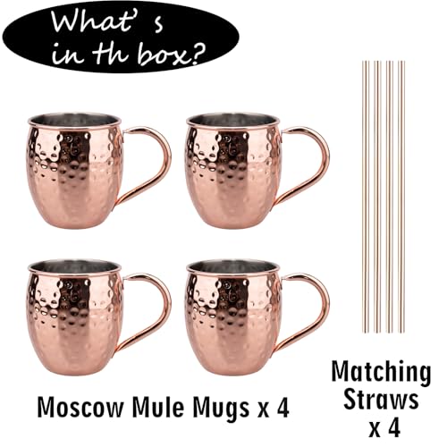 TJ Moscow Mule Mugs Rose Hammered Set of 4, 17 oz Copper Cup w/ GoldenHandle