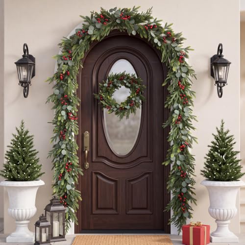9ft Real Touch Norfolk Pine Christmas Garland with Cedar, Eucalyptus & Red Berries