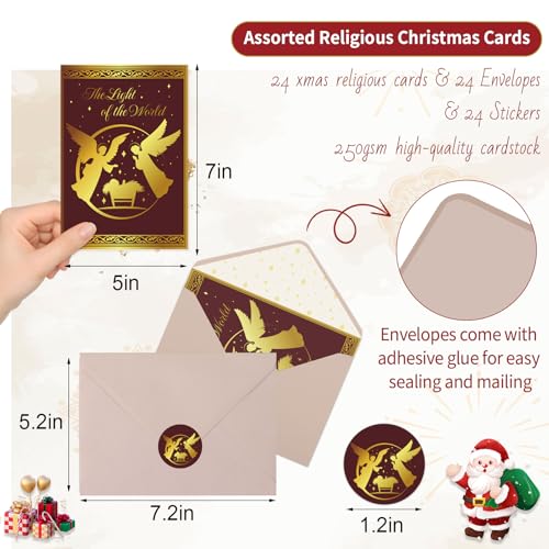 Religious Christmas Cards Set with Envelopes & Stickers - Gold Foil Embossed 5x7in (Religious Style, 24 Pack)