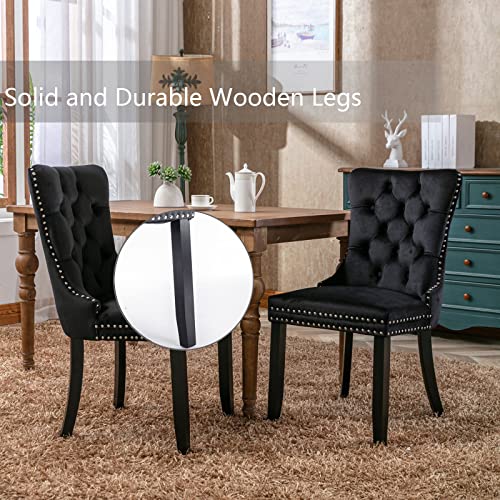 Set of 4 Upholstered Velvet Dining Chairs with Nailhead Trim and Wood Legs