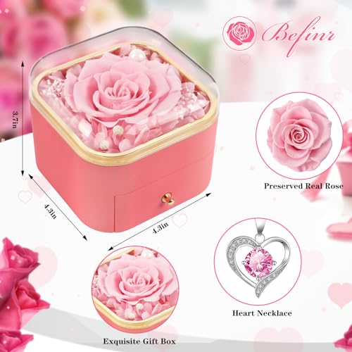 Preserved Real Rose and Heart Necklace Gift Box for Anniversary Birthday