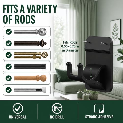 No Drill Curtain Rod Brackets - 8 Pack Adhesive Wall Hooks for Rods