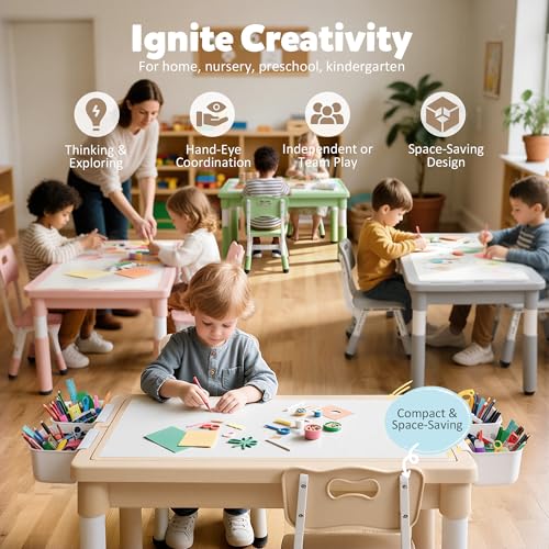 Kids Table and Chairs Set with Storage - Grey, Adjustable Height, 2 Chairs + 1 Table