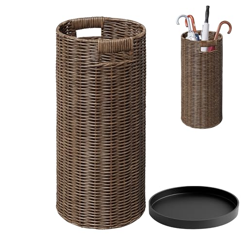 Handwoven Rattan Umbrella Stand with Drip Tray - 21-Inch Entryway Holder