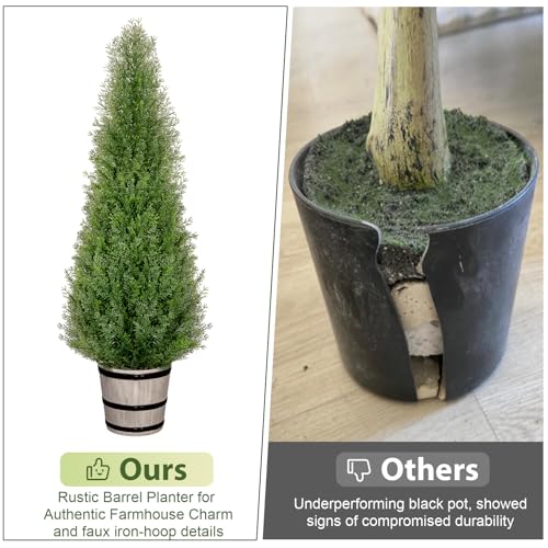 4ft Artificial Cedar Topiary Trees in Rustic Barrel Planters, Set of 2
