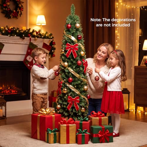 HAPPYGRILL 5ft Pre-lit Artificial Christmas Tree with Warm White LED Lights, Green Slim Xmas Tree