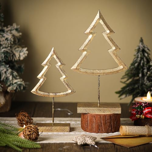 2 Pcs Wooden Christmas Tree Table Decor Rustic Gold Xmas Tree Tabletop Signs and Centerpiece Winter Wood Tall Standing Block Christmas Centerpieces for Home Party Table Shelf Decorations