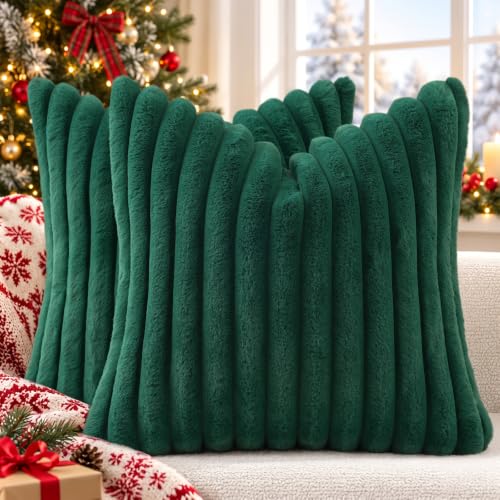 DecorUhome Faux Fur Throw Pillow Covers 26x26 in Green, Set of 2 - Christmas