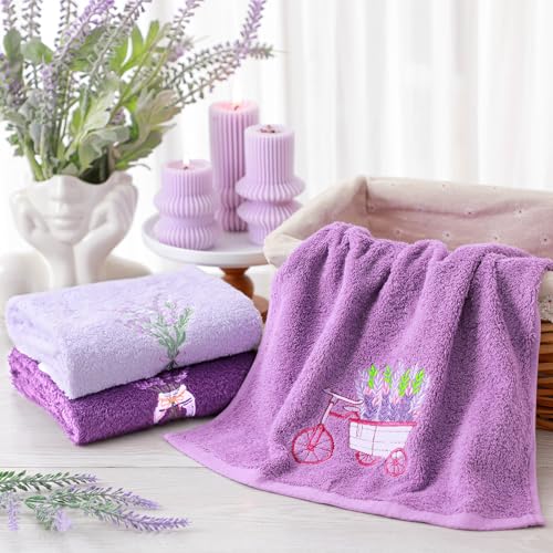 Lavender Floral Hand Towels - 3 Piece Set, 14x29 Inch Soft Cotton Bath Towels