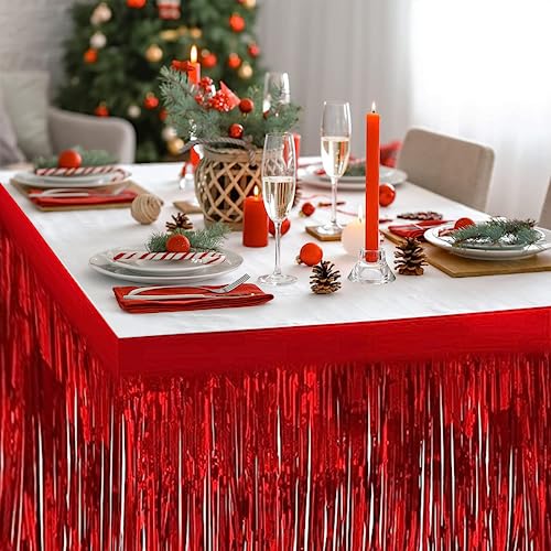 BEAIMUXI 6 Pack Red Metallic Foil Fringe Table Skirts 9 Feet x 29.5 Inch - Party Decor