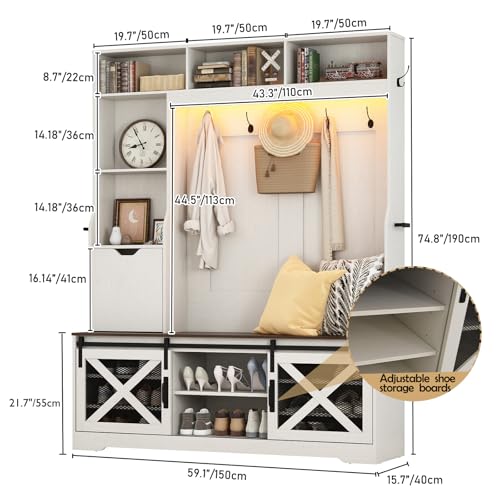 Large LED Farmhouse Hall Tree with Entryway Bench and Shoe Storage