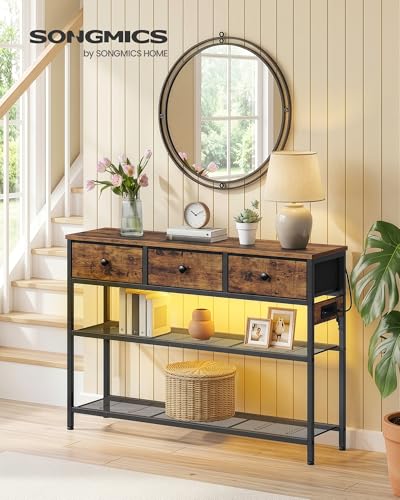 Console Table with Charging Station, LED Lighting, and 3 Fabric Drawers