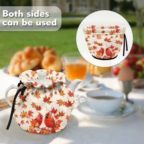 Insulated Teapot Cozy with Autumn Maple Leaf and Red Bird Design