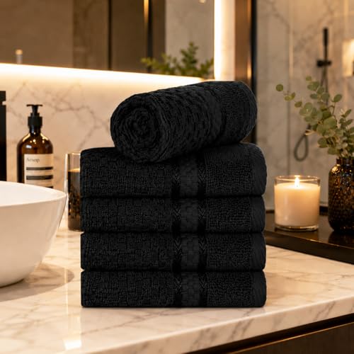 100% Cotton Washcloths, 12x12 Inch Popcorn Textured Set of 5, Black