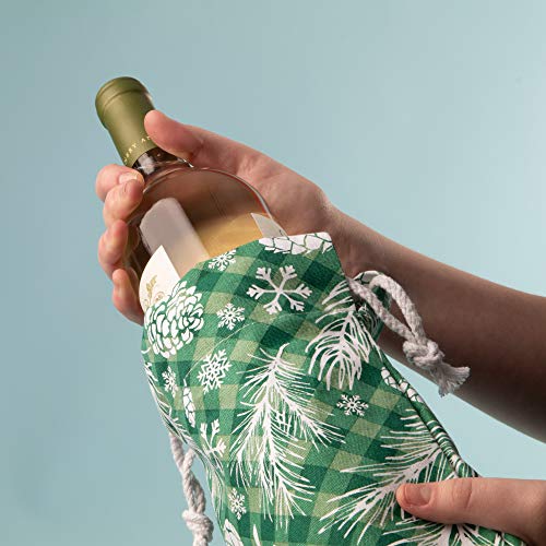 Reusable Wine Bottle Gift Bag - Green Holiday Tote Cover for 12" Bottles