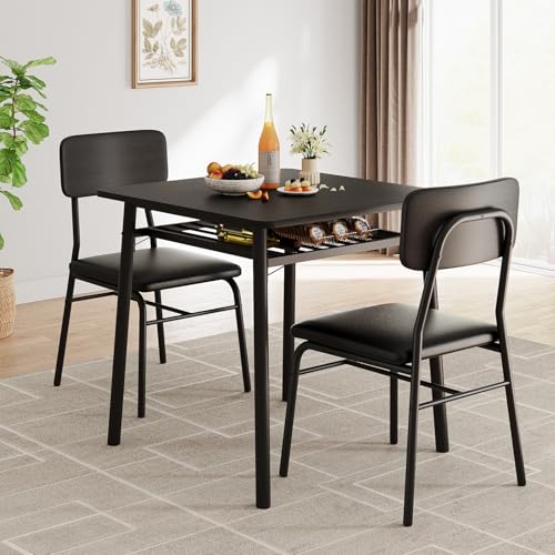 3-Piece Dining Table Set for 2 with Storage Rack and Upholstered Chairs