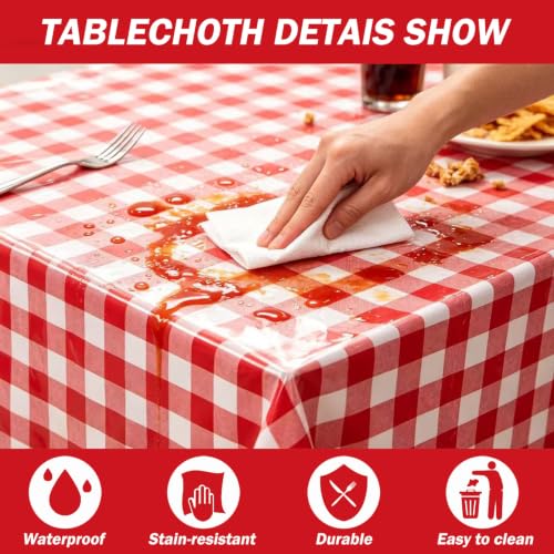Red Checkered Plastic Tablecloth 54 x 108 Inches - 2 Pack Disposable Gingham for Parties