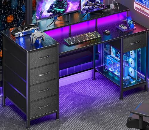 47" Gaming Desk with Power Outlets, LED Lights, Monitor Stand & 5 Drawers
