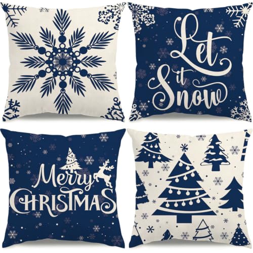 Blue Snowflake Christmas Pillow Covers 20x20 Inch Set of 4 - Holiday Decor