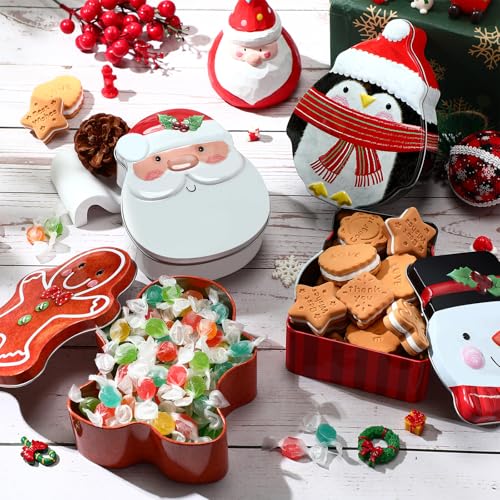 Hushee Classic Christmas Tin Box Cookie Containers Set - Santa Snowman Penguin Gingerbread - 8 Pcs Gift Candy Storage, 5x4.3x2 Inches