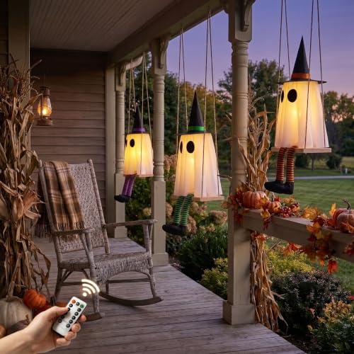 Halloween Light Up Swinging Ghost Decor - Set of 3 Hanging Ghosts with Remote
