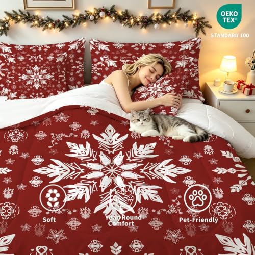 Red White Snowflake Twin Bedding Set - 5 Piece Bed in a Bag, Vintage Style, Model FUYEUN, Variation 02