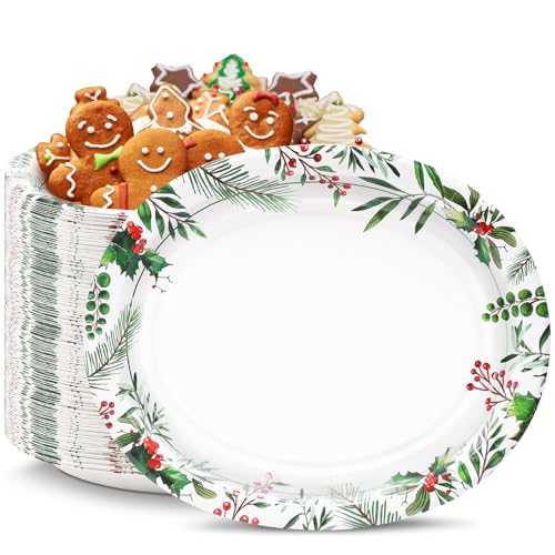 Christmas Flower Oval Paper Plates 12x10 inch Heavy Duty Holiday Party Supplies