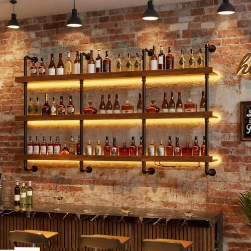 47-inch Wall-Mounted Wine Rack with LED Lights - Solid Wood Floating Shelf
