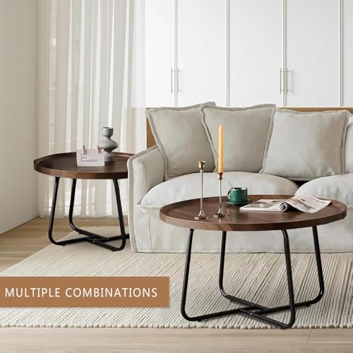 Round Nesting Coffee Table Set of 2, Walnut Wood Mid-Century Modern