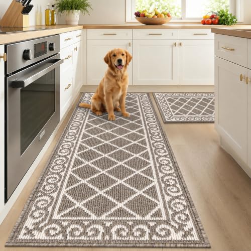2-Piece Kitchen Rug and Runner Set, Non-Slip Washable Farmhouse Floor Mats
