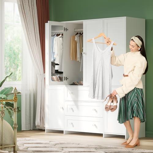 71-Inch Wardrobe Closet with Mirror and Drawers, 6-Door Bedroom Armoire